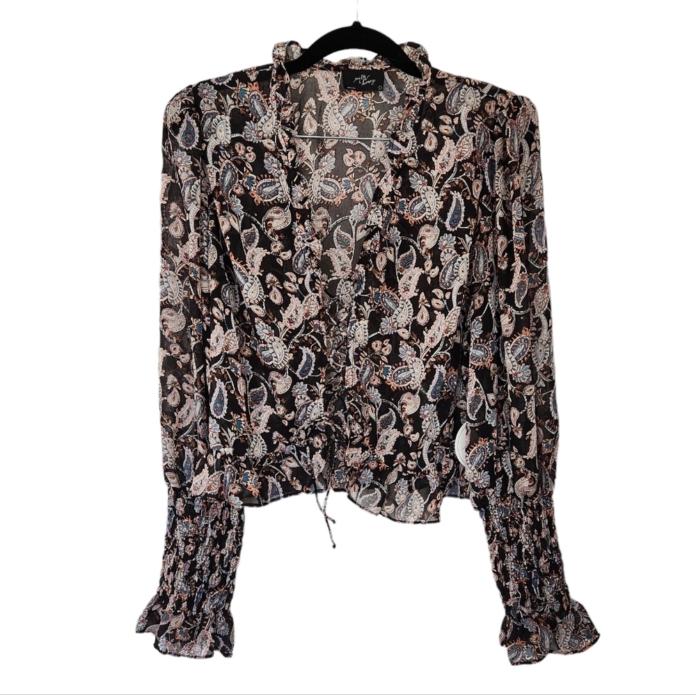 Black and Tan Ruffled Tie Front Blouse